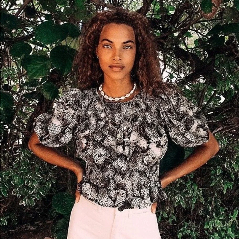 Free People Snake Print Smocked Peplum‎ Blouse Puff Sleeve Python Boho Top Small